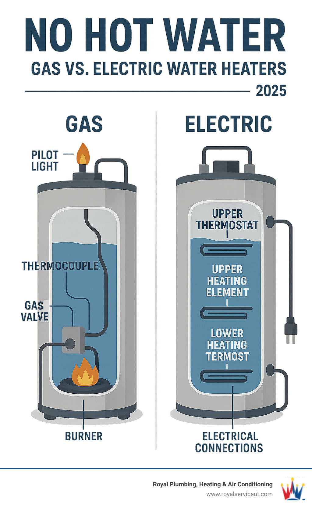 Detailed infographic showing the internal components and operation of gas versus electric water heaters, including pilot light assembly, thermocouple, gas valve, and burner for gas units, and upper/lower heating elements, thermostats, and electrical connections for electric units - no hot water infographic 