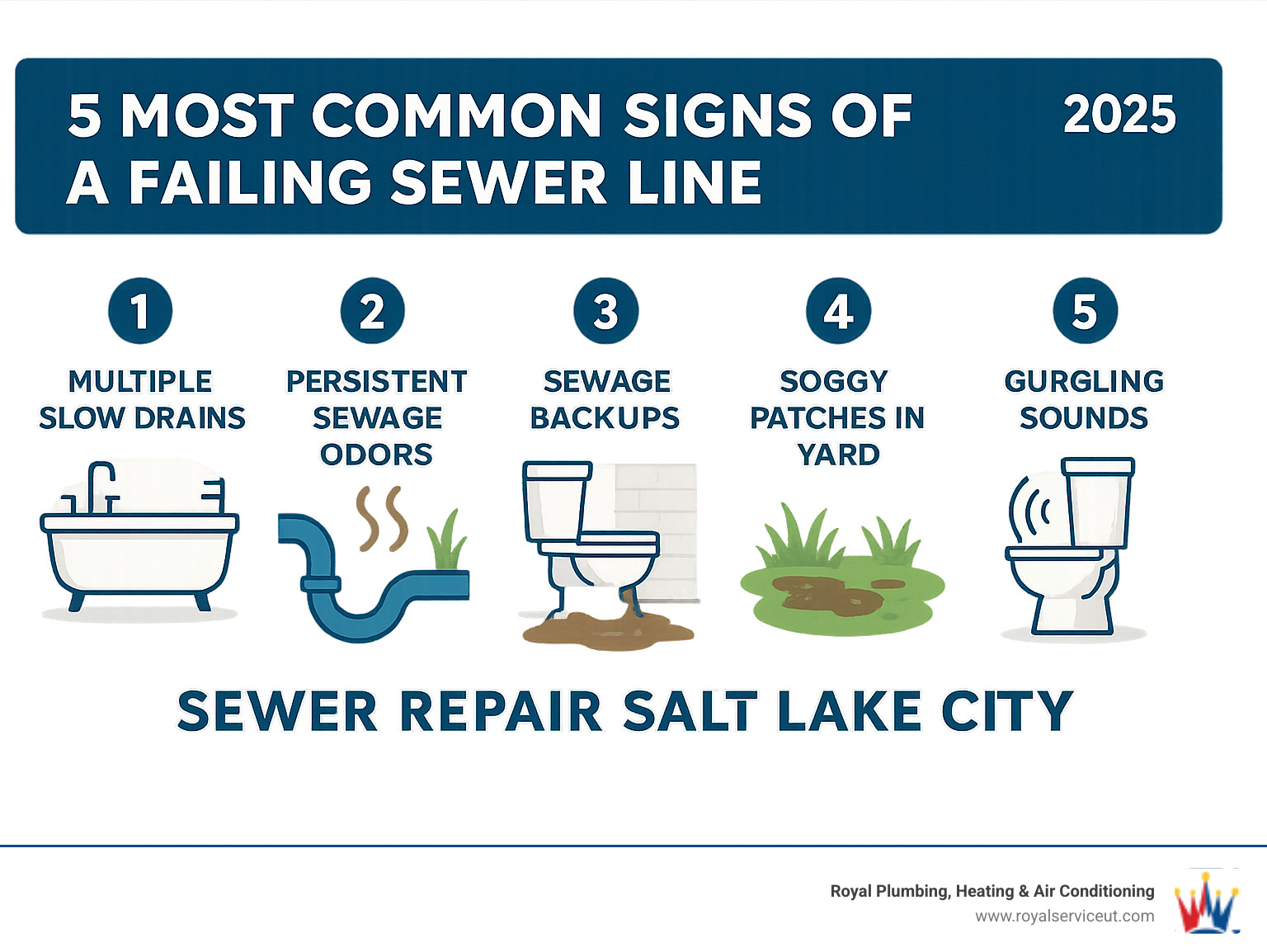Infographic showing the 5 most common signs of a failing sewer line: multiple slow drains throughout the home, persistent sewage odors from drains or yard, sewage backups in basement or lower fixtures, unusually green or soggy patches in yard above sewer line, and gurgling sounds from toilets or drains - sewer repair salt lake city infographic 