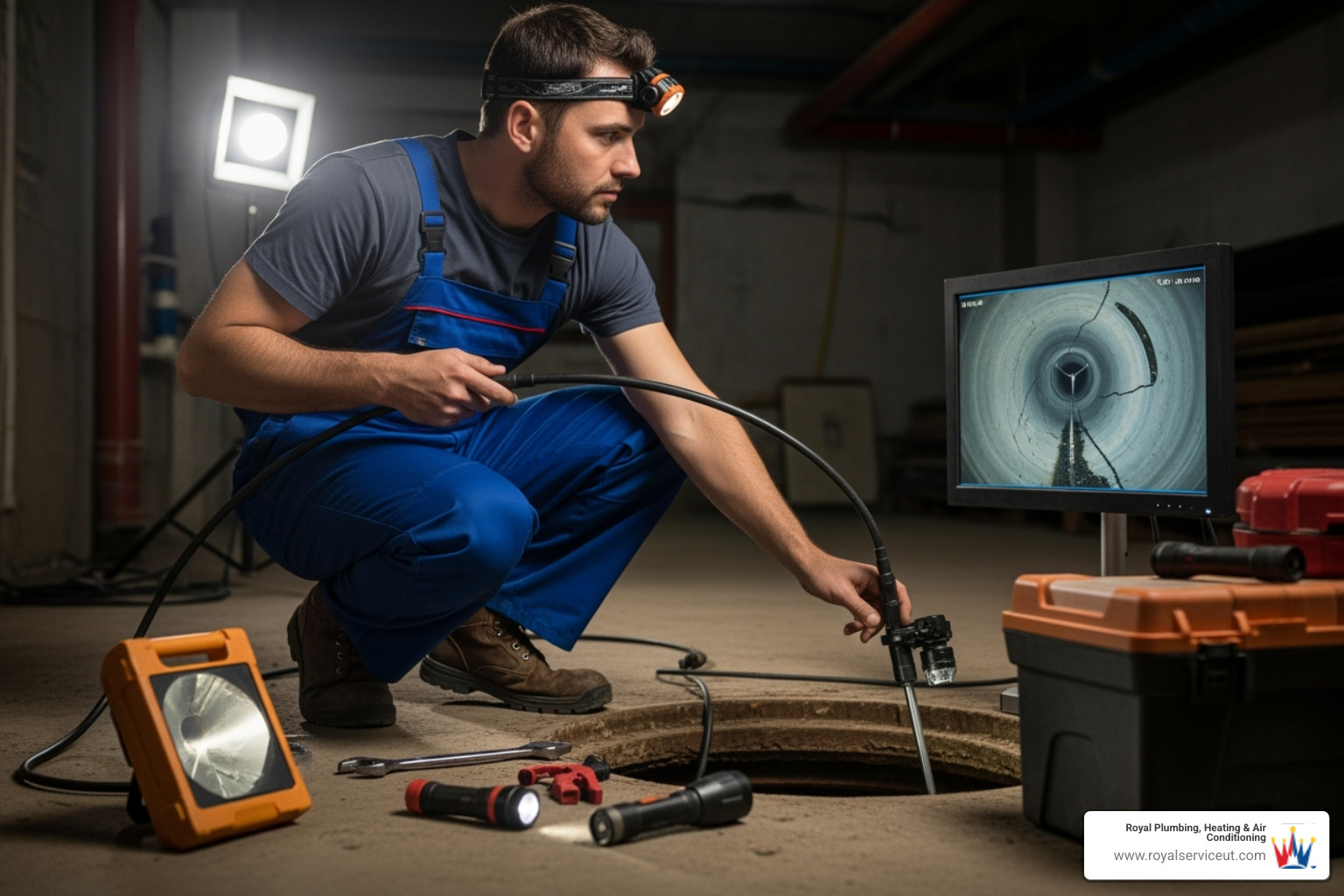 A professional plumber using a camera for sewer line inspection. - sewer repair salt lake city