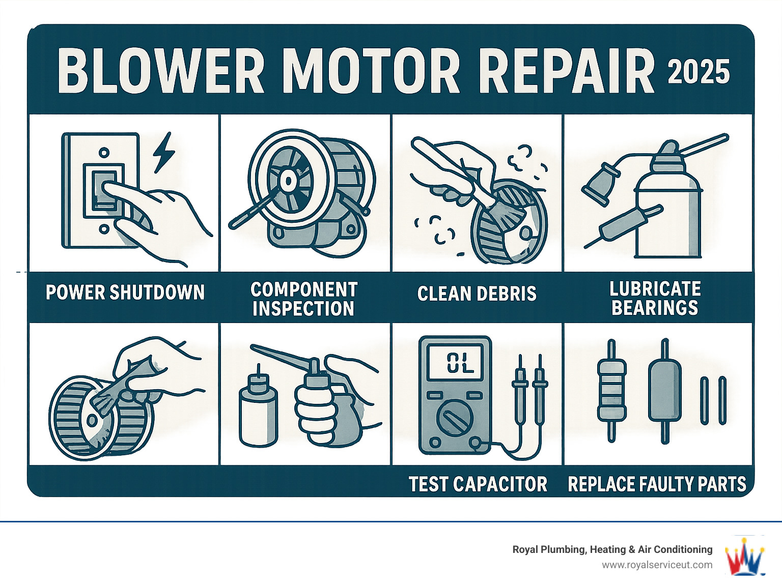Infographic showing blower motor repair process: power shutdown, component inspection, cleaning debris from fan cage, lubricating motor bearings, testing capacitor with multimeter, and replacing faulty parts like resistors or capacitors - blower motor repair infographic 