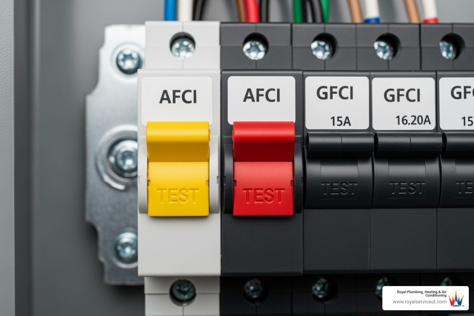 Image showing the distinct 'Test' buttons on AFCI and GFCI breakers - circuit breaker replacement