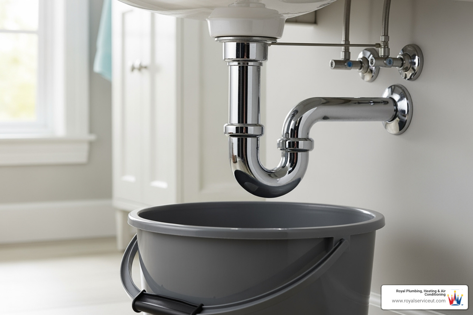 P-trap under a sink with a bucket placed underneath - Bathroom sink clog