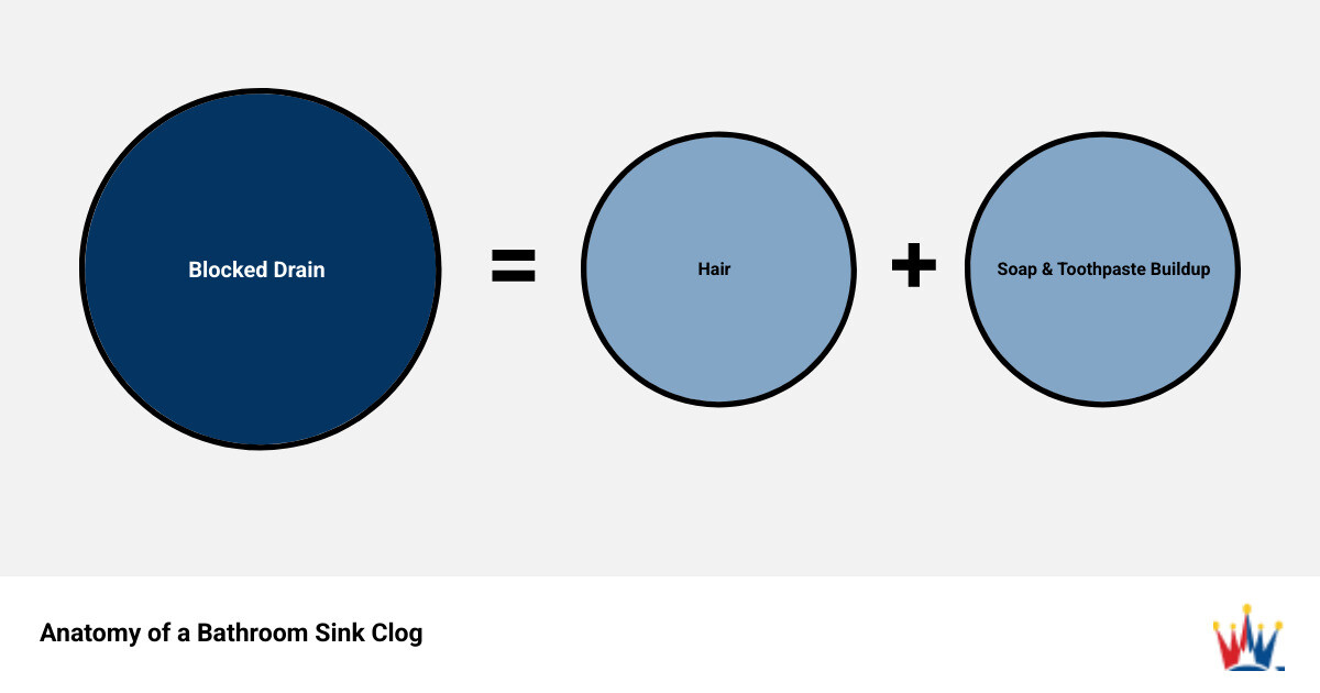 Infographic showing cross-section of bathroom sink drain pipe with hair, soap scum, and toothpaste buildup creating a blockage near the drain opening, with arrows indicating water flow being restricted - Bathroom sink clog infographic sum_of_parts