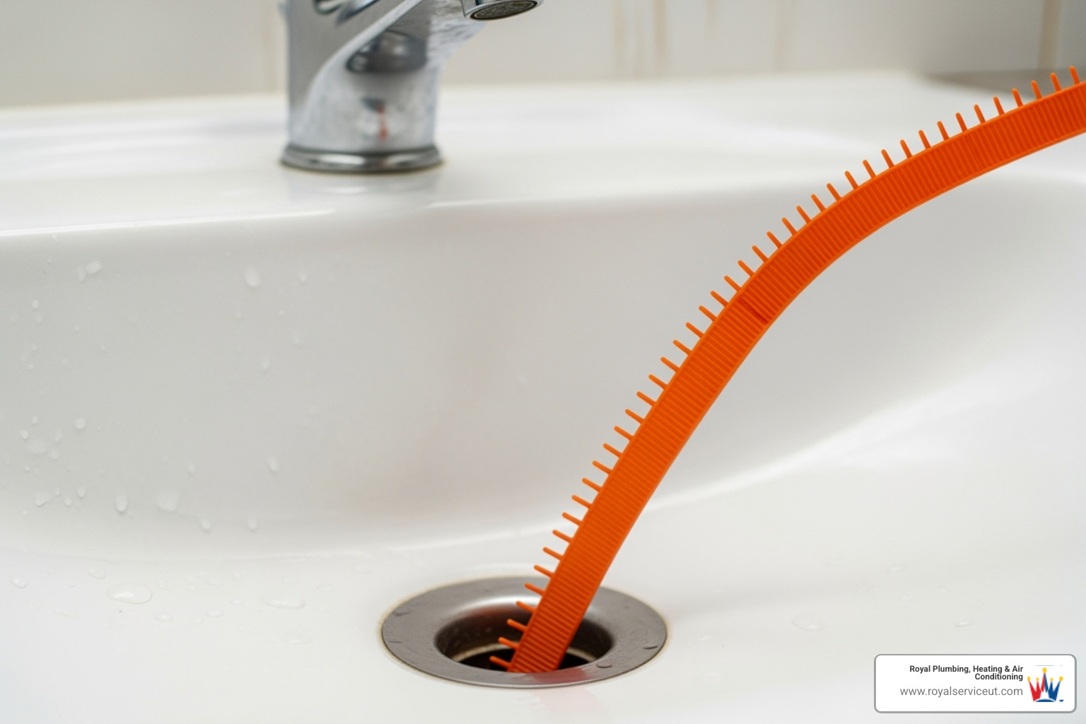 Plastic drain snake being inserted into a sink drain - Bathroom sink clog