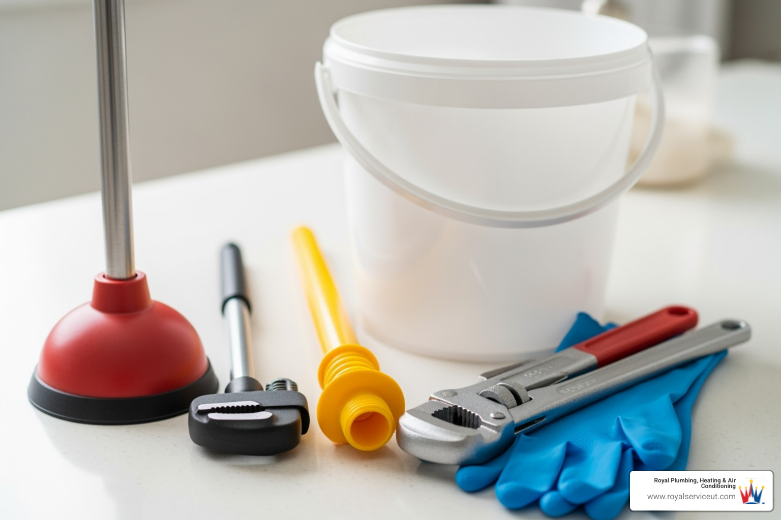 Tools laid out for unclogging a sink: plunger, bucket, gloves, pipe wrench, plastic drain snake - Bathroom sink clog