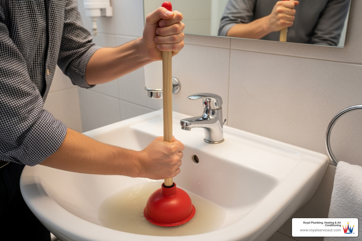 Person correctly using a sink plunger on a bathroom sink - Bathroom sink clog
