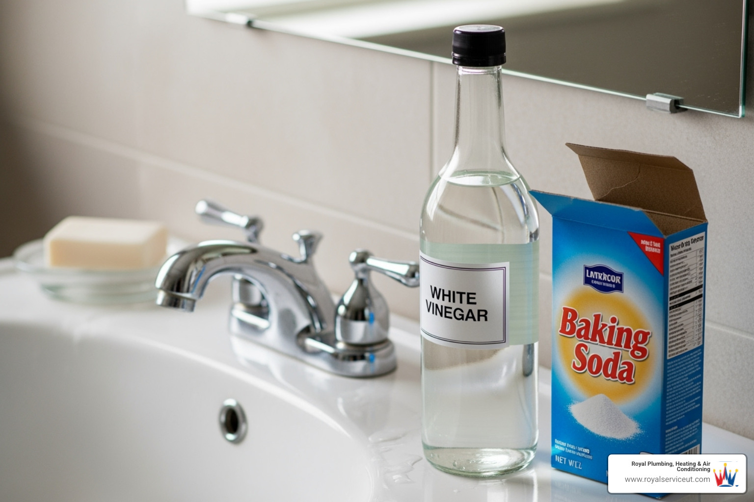 Baking soda and vinegar next to a sink - Bathroom sink clog
