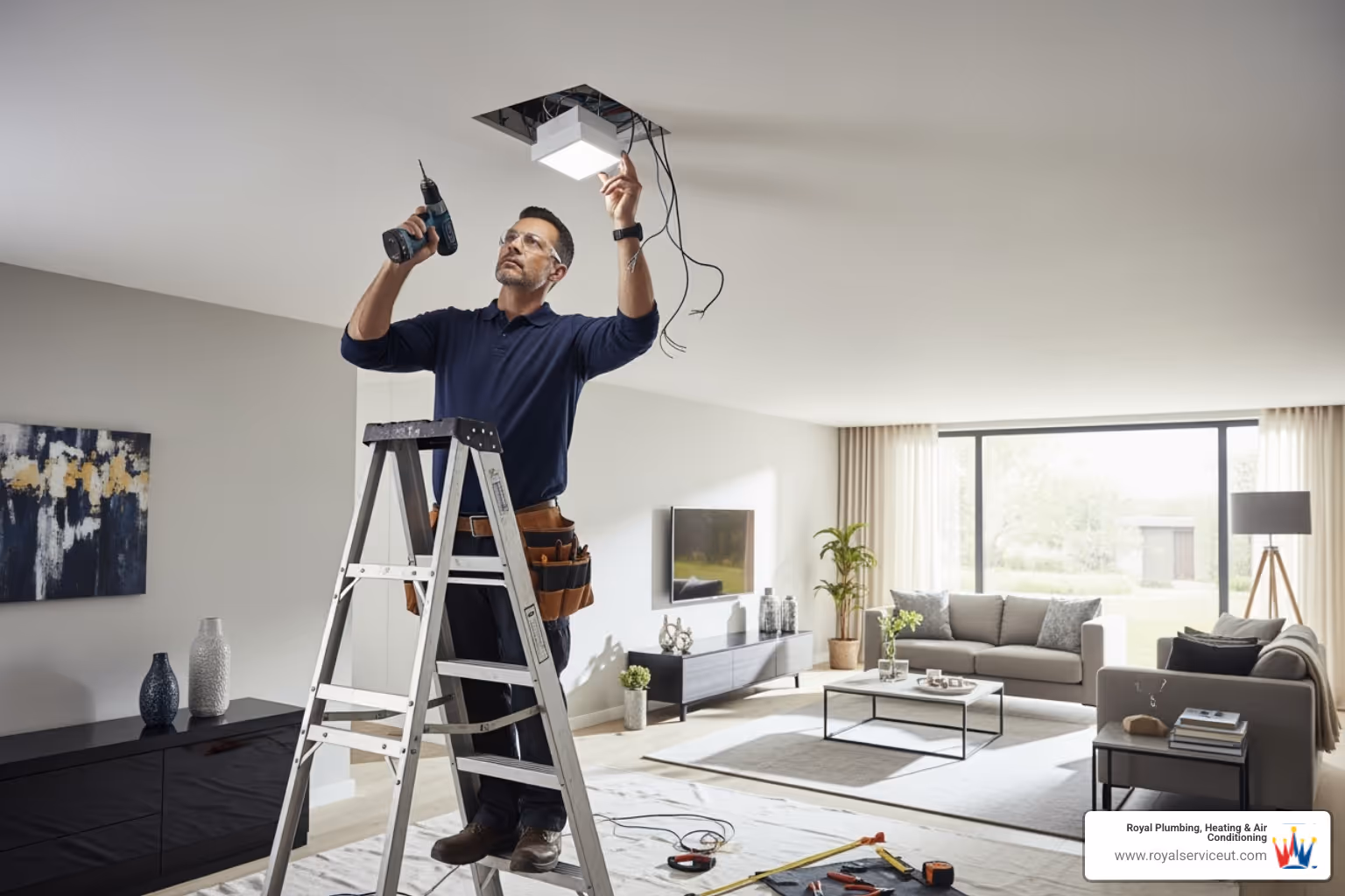 of an electrician installing modern recessed lighting in a living room - electricians in salt lake city utah
