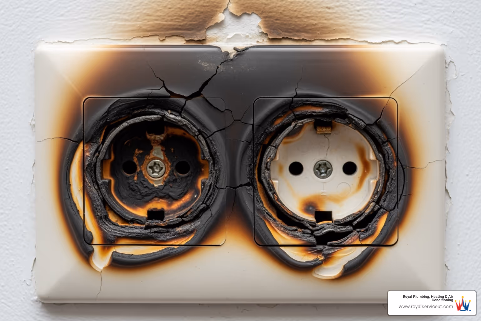 of a discolored, potentially hazardous electrical outlet - electricians in salt lake city utah