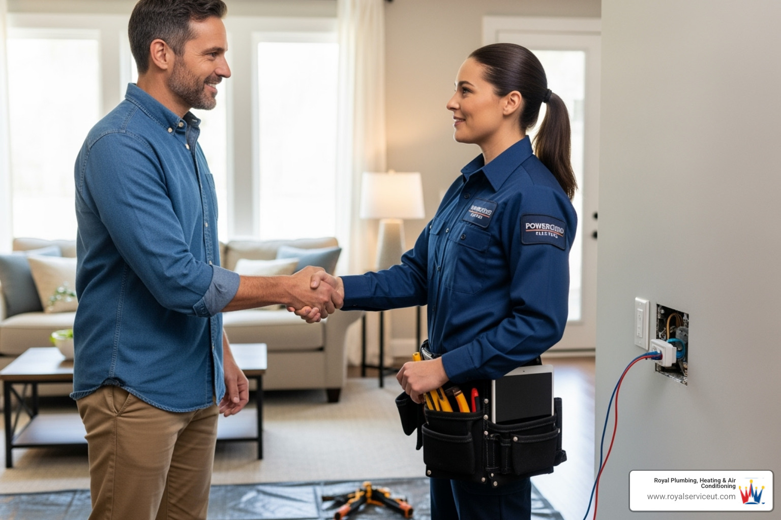 of a homeowner shaking hands with a uniformed electrician - electricians in salt lake city utah