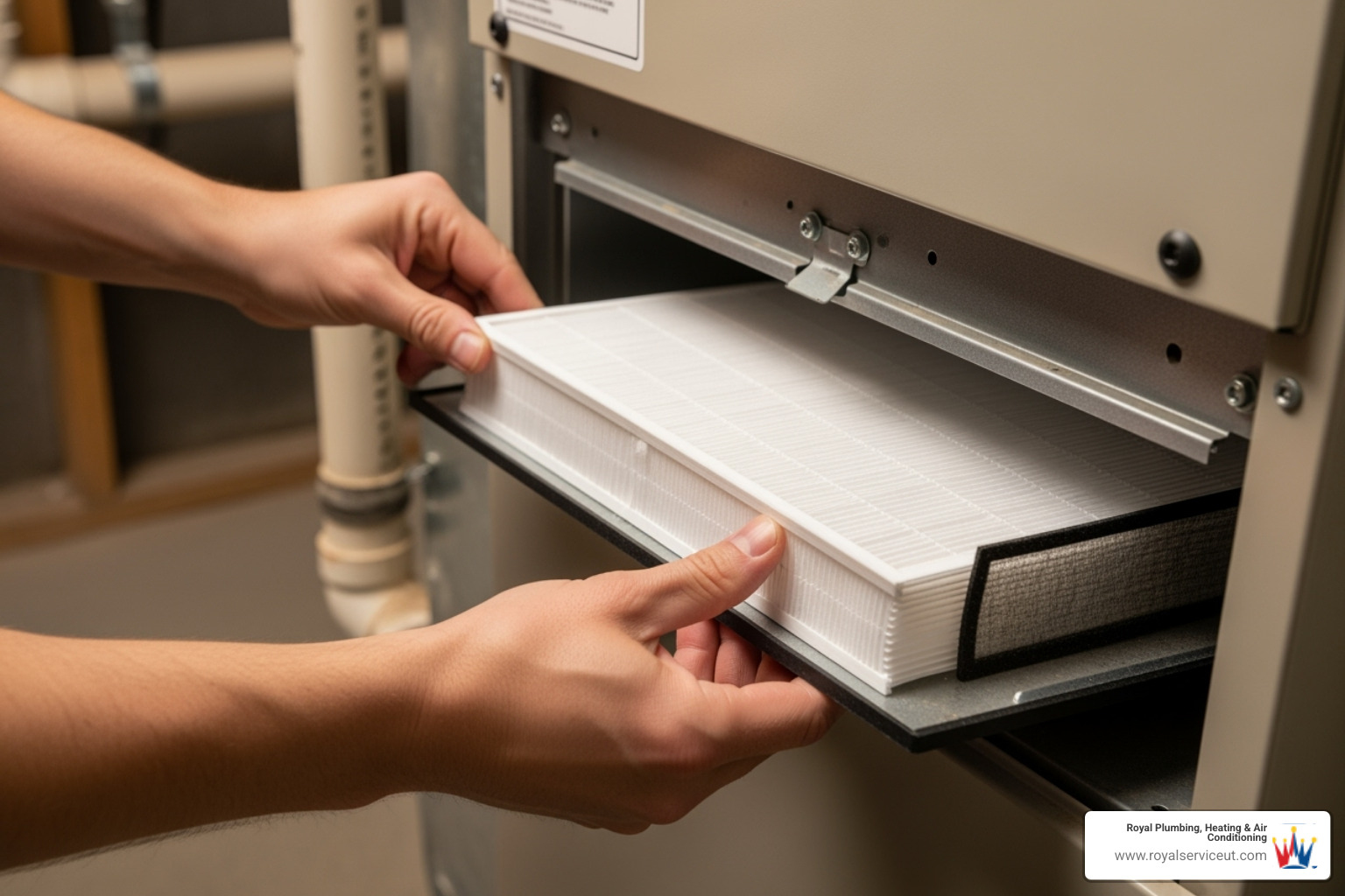 Image of a person sliding a new air filter into an HVAC unit slot - air filter replacement