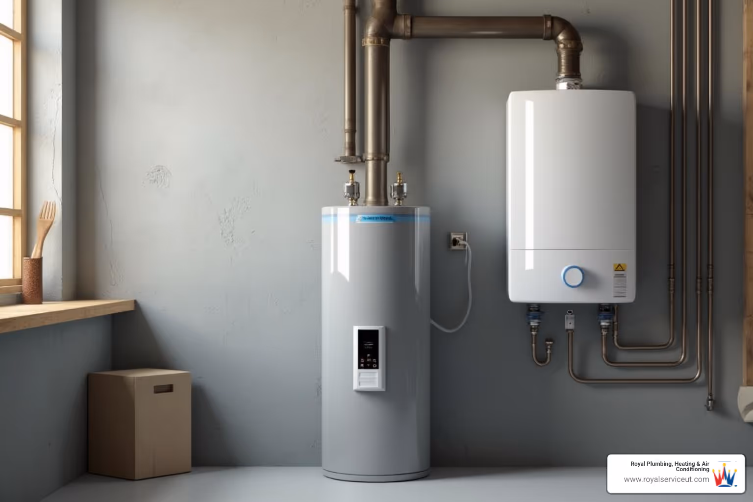 A compact tankless water heater mounted on a wall, showing its small footprint compared to a traditional tank - water heater repair SLC