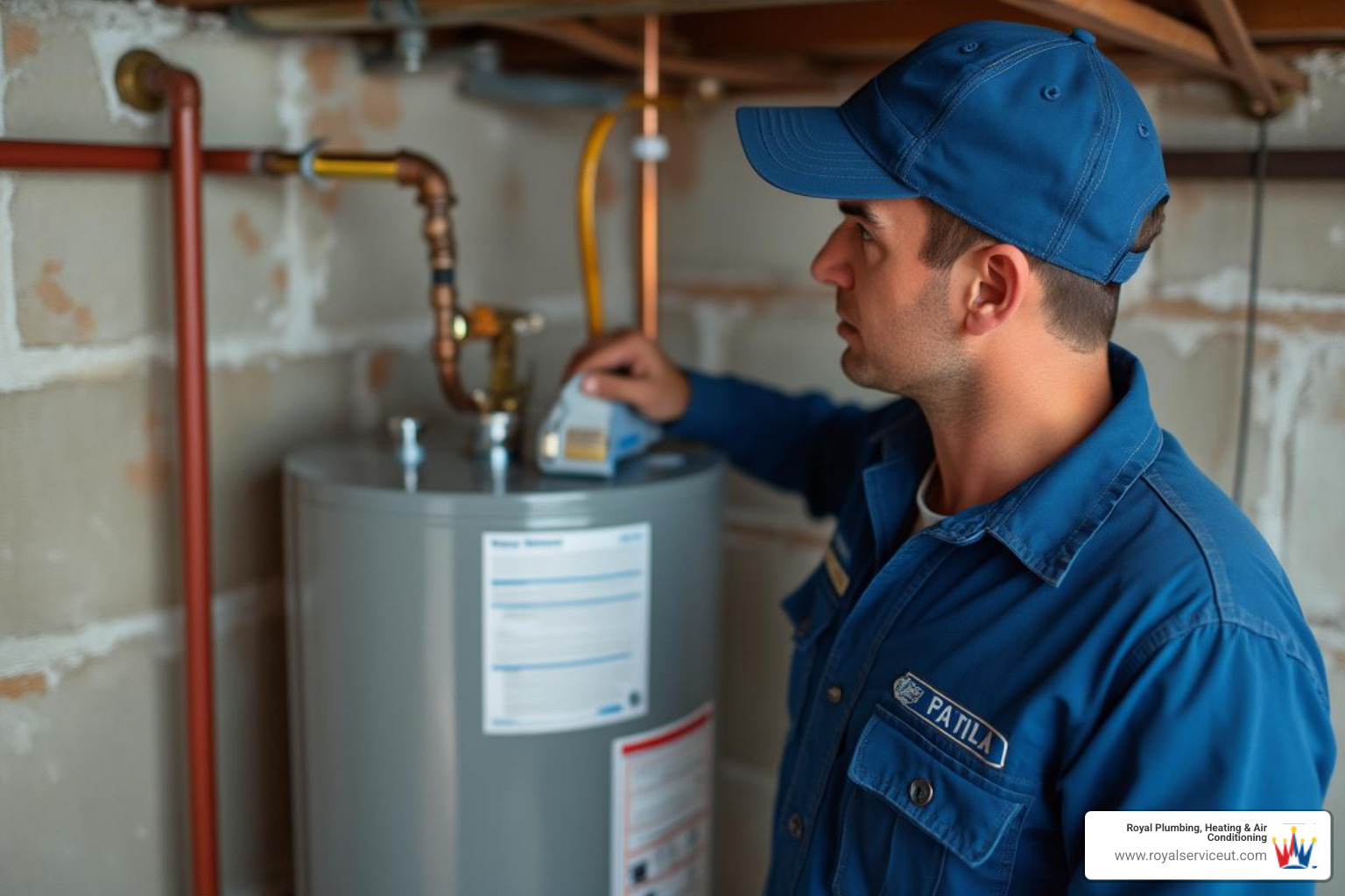 A licensed technician in Royal Plumbing uniform inspecting a water heater unit in a residential basement - water heater repair SLC