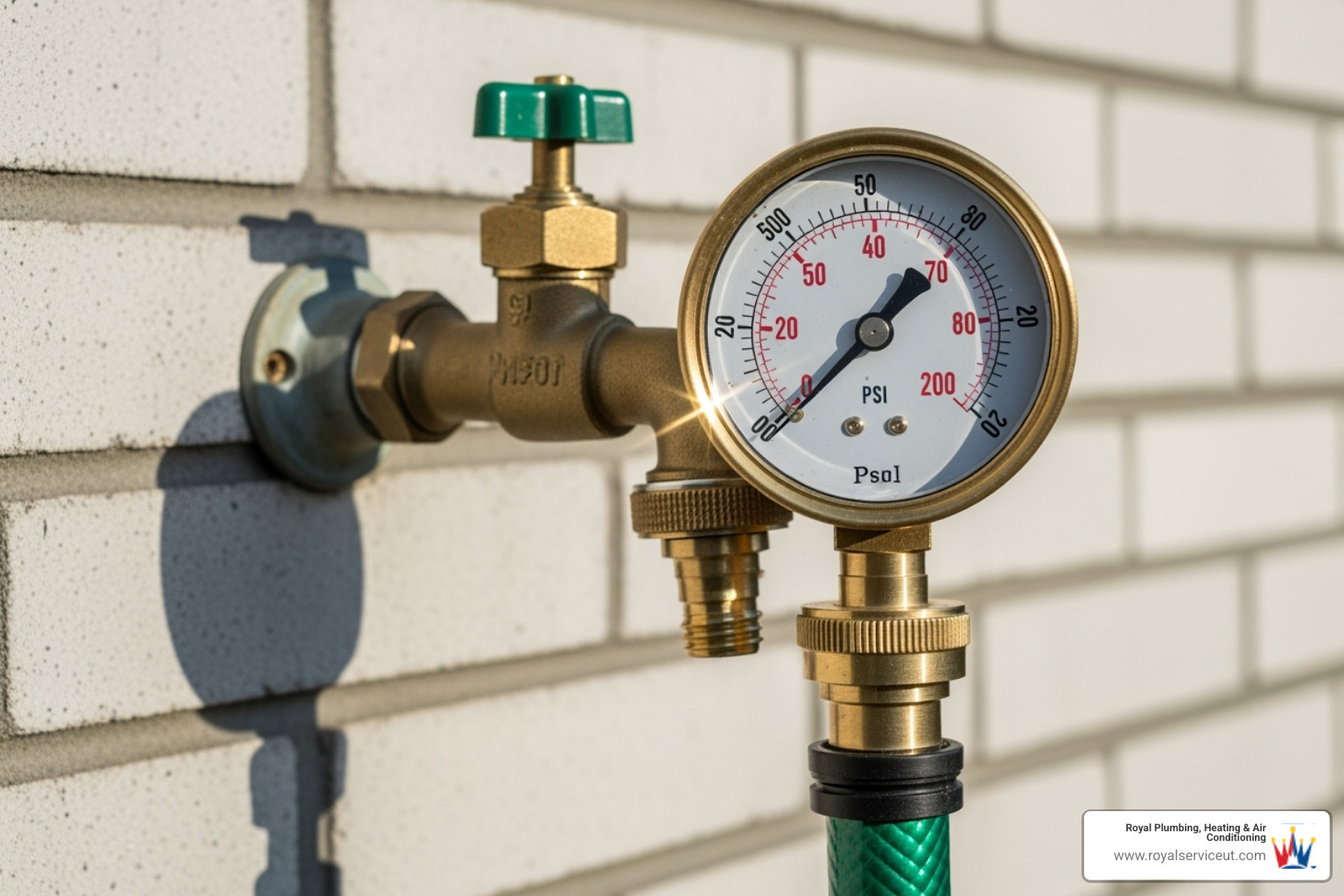 water pressure test gauge attached to an outdoor hose spigot - pressure regulator valve