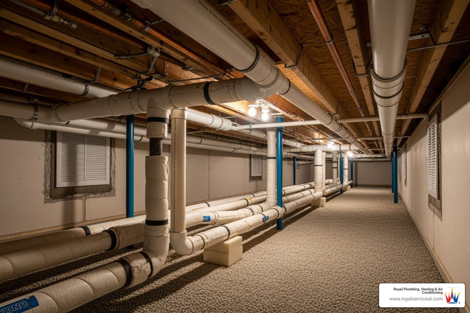 Properly insulated pipes in a well-maintained crawl space, preventing freezing - emergency plumbing salt lake city ut