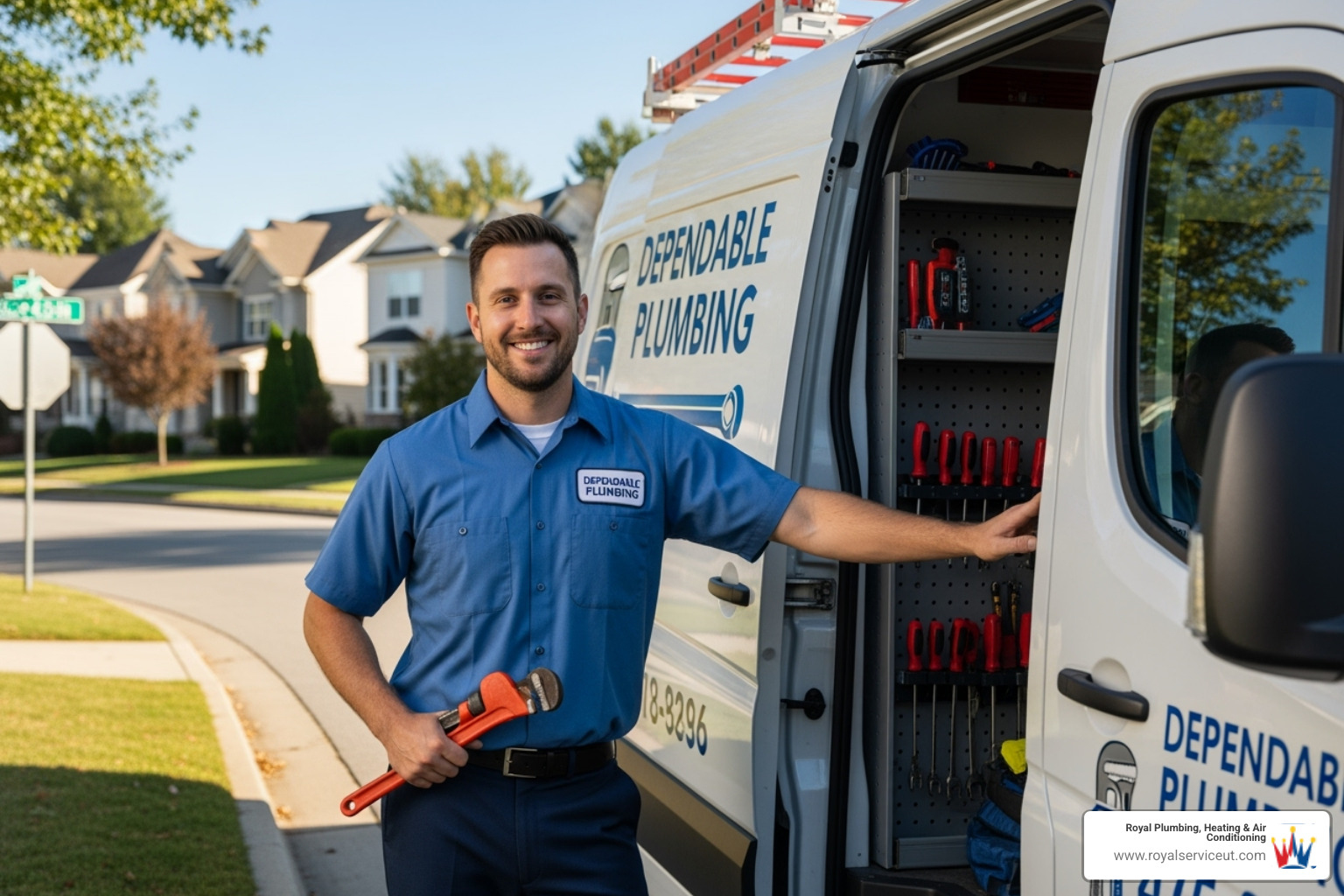 A professional, friendly plumber in uniform standing confidently next to a well-equipped service van, ready to assist - emergency plumbing salt lake city ut