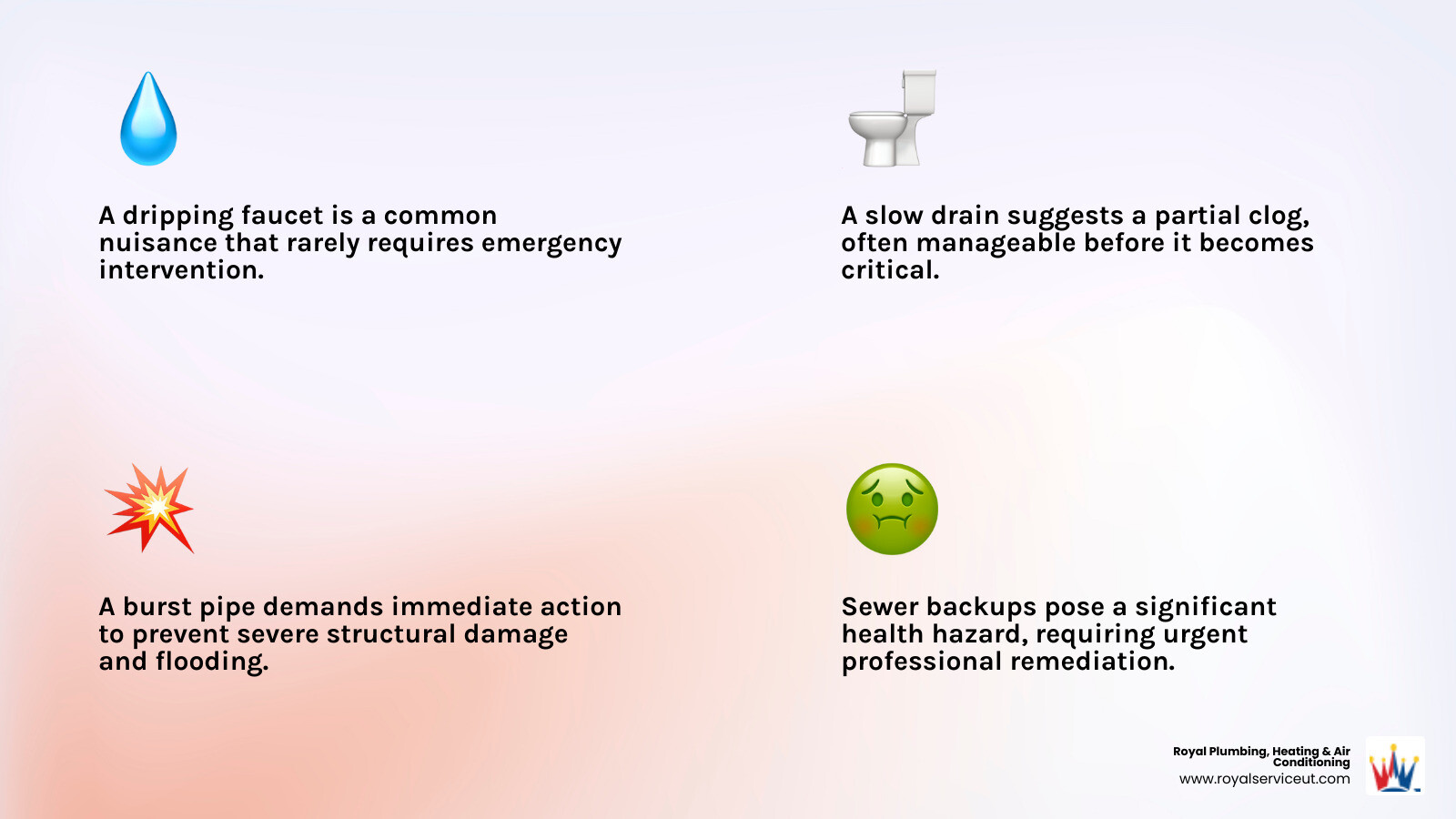 Infographic showing the difference between routine plumbing issues like dripping faucets and slow drains versus true emergencies including burst pipes, sewer backups, gas leaks, major flooding, and complete loss of water service - emergency plumbing salt lake city ut infographic 4_facts_emoji_light-gradient