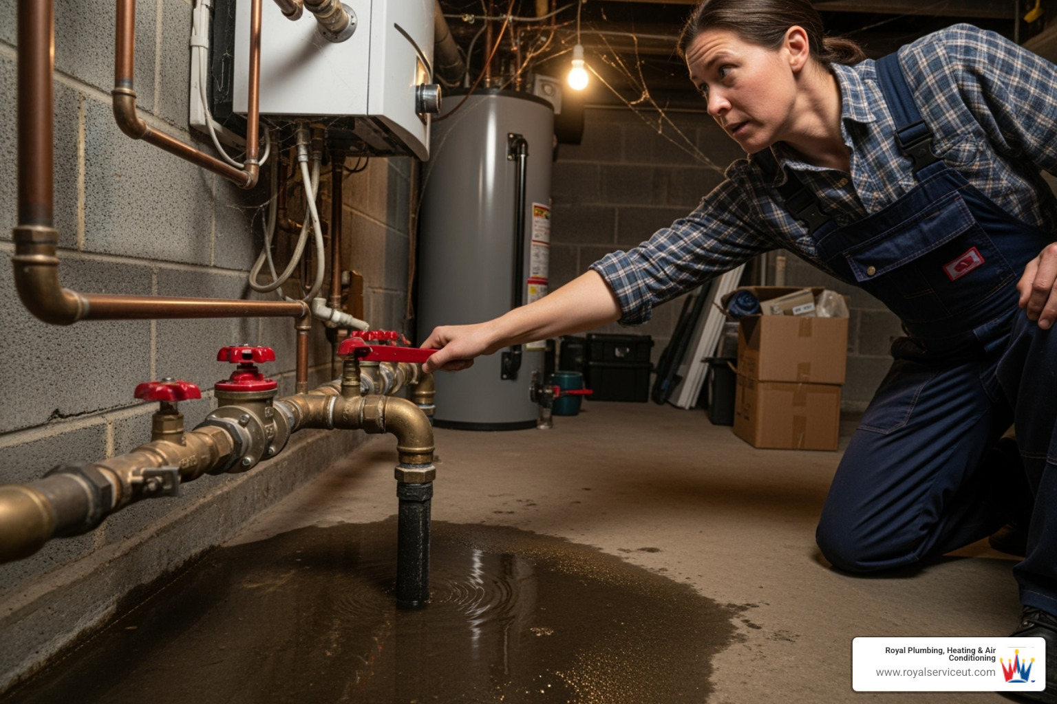 A homeowner quickly turning off the main water valve in a utility room to stop a plumbing leak - emergency plumbing salt lake city ut