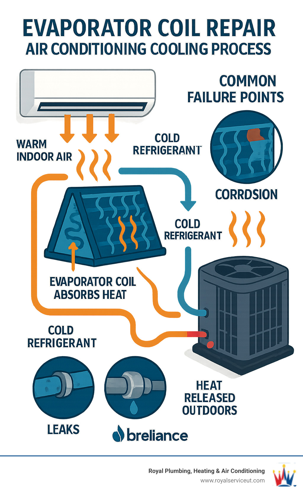 Detailed infographic showing the air conditioning cooling process with evaporator coil absorbing heat from indoor air, refrigerant cycle between indoor and outdoor units, and common failure points including corrosion and leaks - evaporator coil repair infographic 