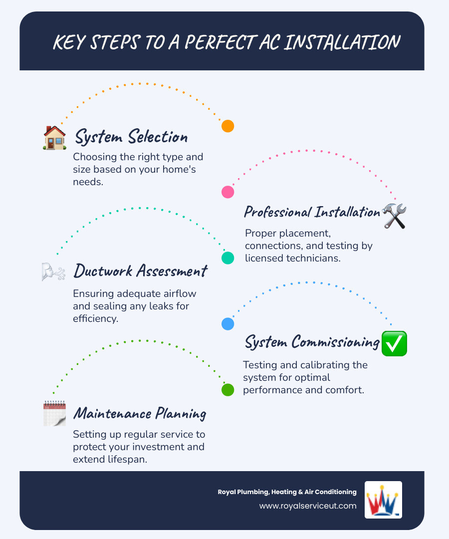 Comprehensive AC system installation process infographic showing the complete workflow from initial home assessment and system selection through professional installation steps including ductwork evaluation, refrigerant line installation, electrical connections, and final commissioning with testing and calibration - AC system install infographic infographic-line-5-steps-blues-accent_colors
