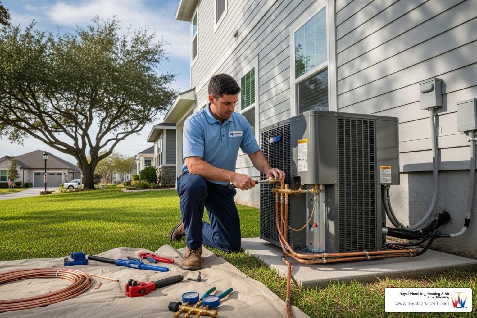 Professional technician installing an outdoor condenser unit - AC system install