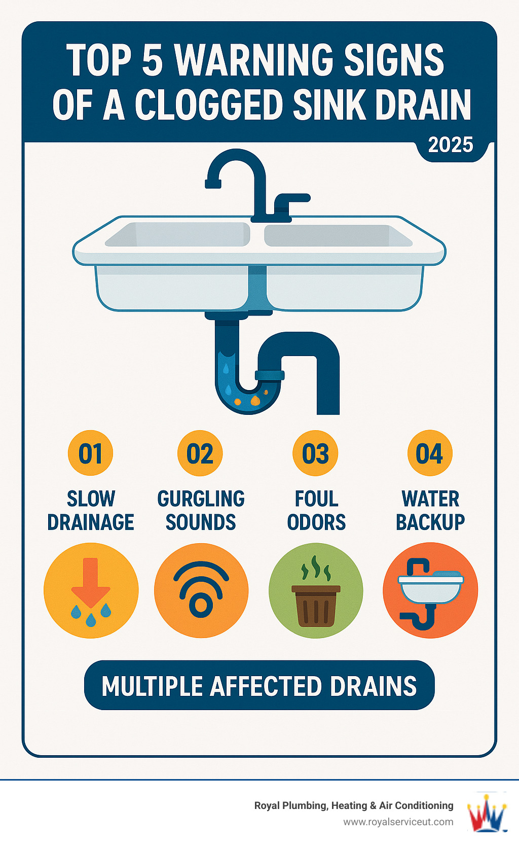 infographic showing top 5 warning signs of a clogged sink drain including slow drainage, gurgling sounds, foul odors, water backup, and multiple affected drains - Clogged sink service infographic 