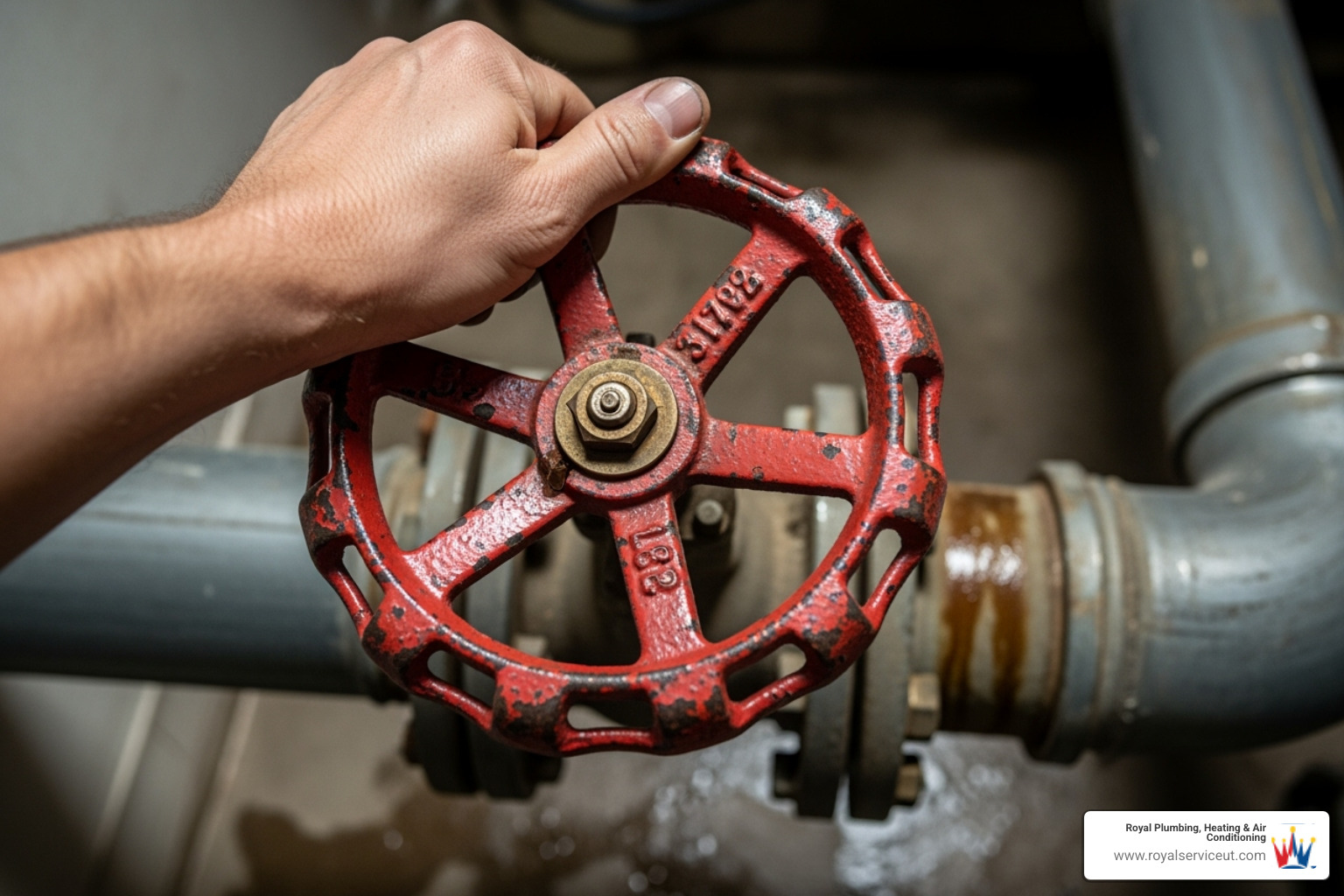 A hand turning a red water main shut-off valve - 24/7 plumbing emergency salt lake city ut A hand turning a red water main shut-off valve - 24/7 plumbing emergency salt lake city ut