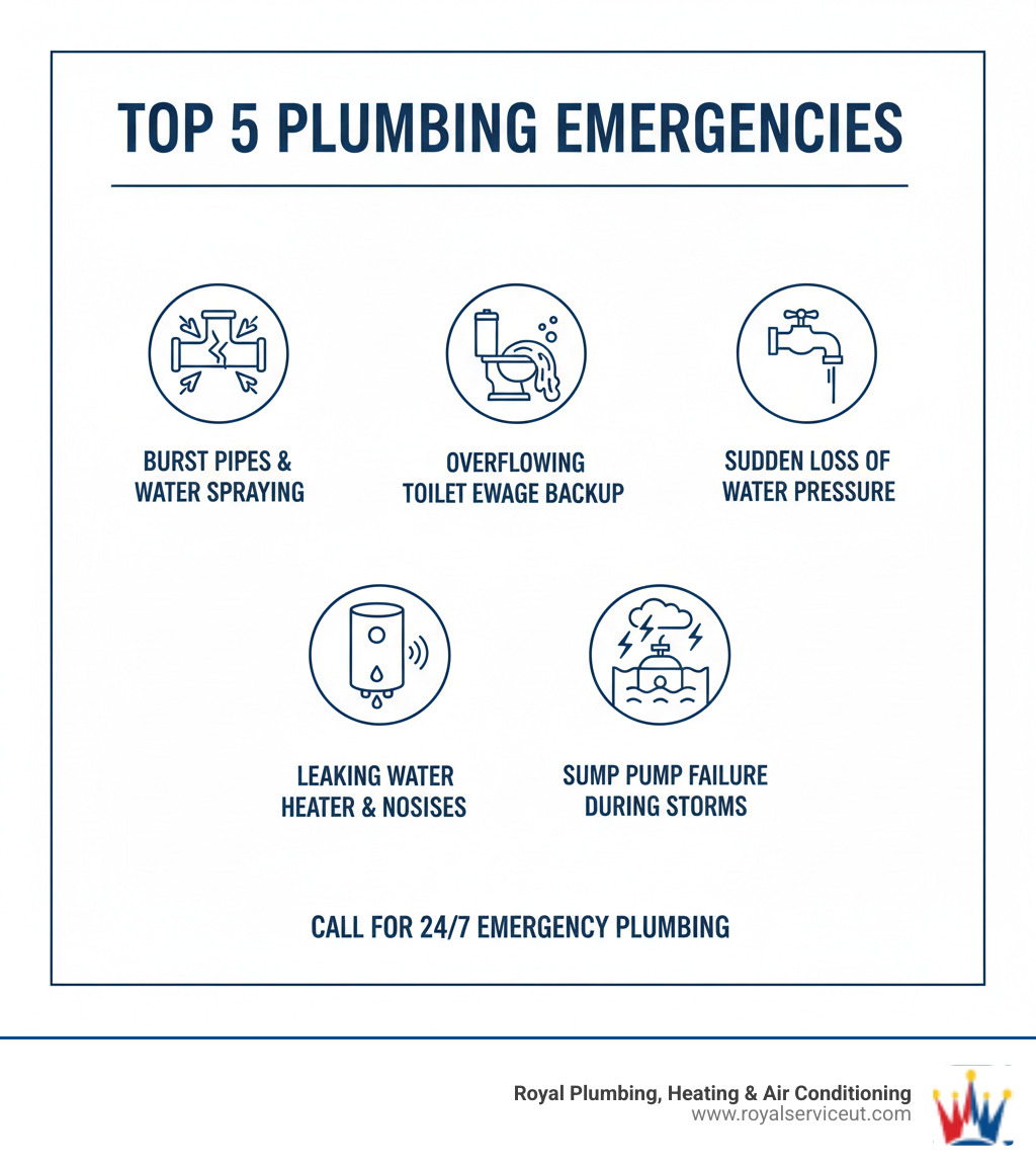 Infographic showing the top 5 signs of a plumbing emergency: burst pipes with water spraying, overflowing toilet with sewage backup, water heater leaking or making strange noises, sump pump failure during storms, and sudden loss of water pressure throughout the house - 24/7 plumbing emergency salt lake city ut infographic Infographic showing the top 5 signs of a plumbing emergency: burst pipes with water spraying, overflowing toilet with sewage backup, water heater leaking or making strange noises, sump pump failure during storms, and sudden loss of water pressure throughout the house - 24/7 plumbing emergency salt lake city ut infographic