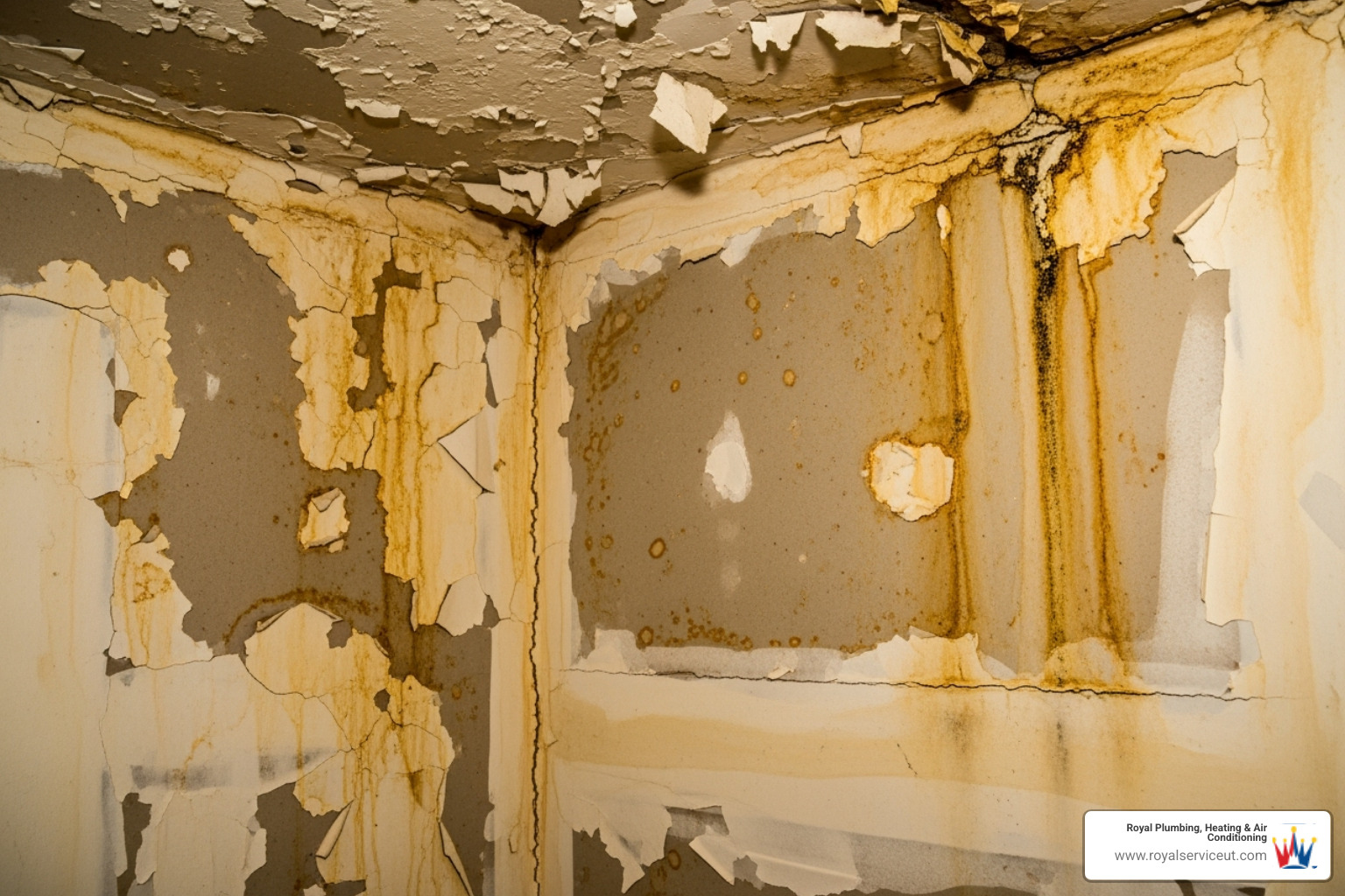 Severe water damage on a ceiling and wall, with peeling paint and discolored drywall - emergency plumbing repair ogden ut Severe water damage on a ceiling and wall, with peeling paint and discolored drywall - emergency plumbing repair ogden ut