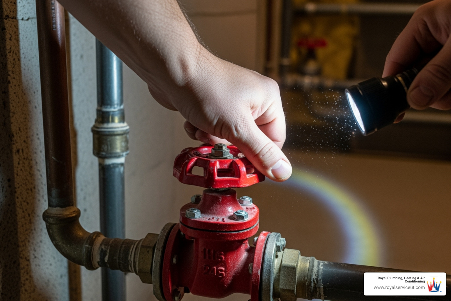 A homeowner's hand turning a red valve to shut off the main water supply to their house - emergency plumbing repair ogden ut A homeowner's hand turning a red valve to shut off the main water supply to their house - emergency plumbing repair ogden ut