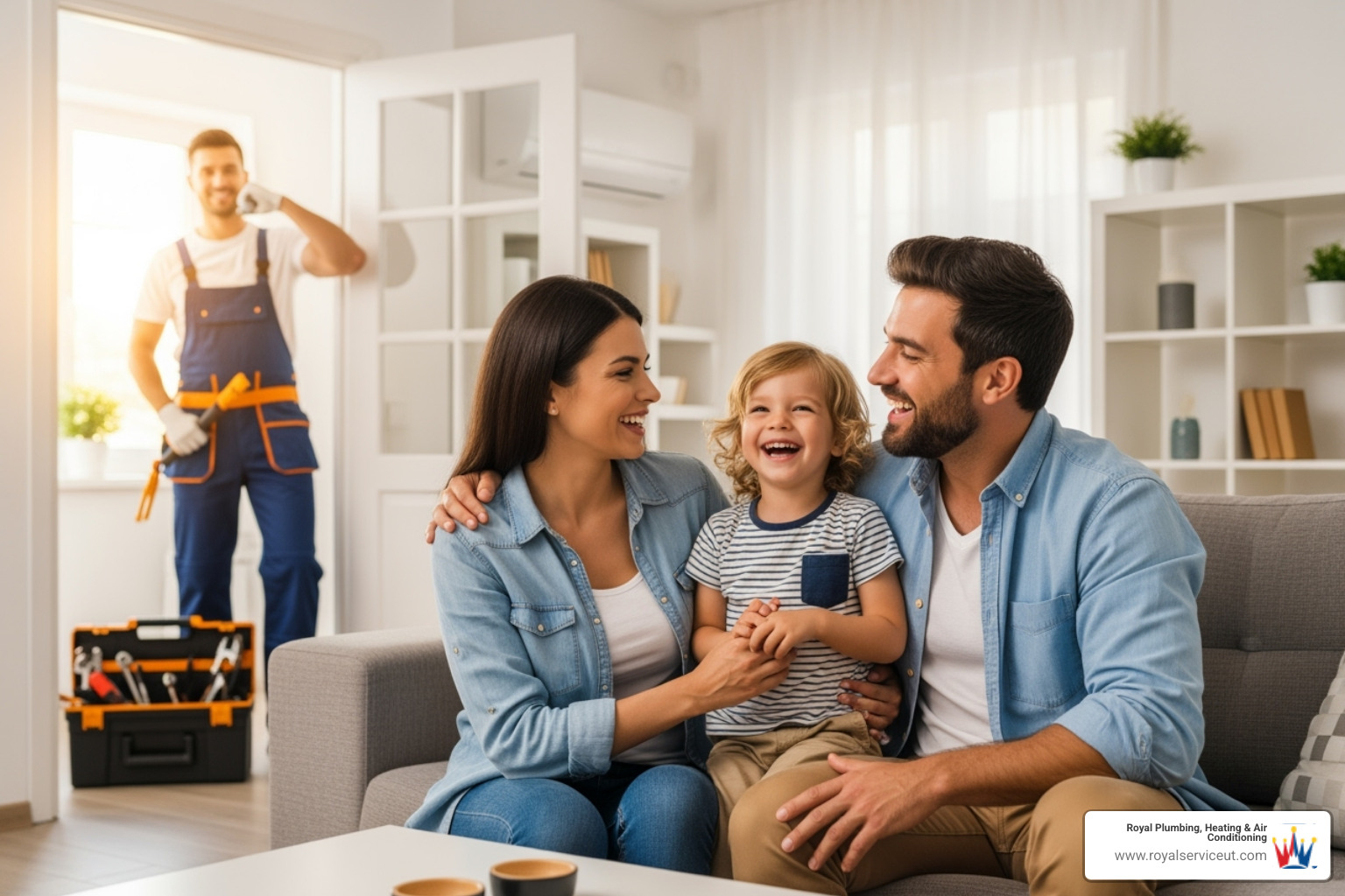 A smiling family enjoying a clean, dry home after a plumbing repair, with a plumber in the background - emergency plumbing repair ogden ut A smiling family enjoying a clean, dry home after a plumbing repair, with a plumber in the background - emergency plumbing repair ogden ut
