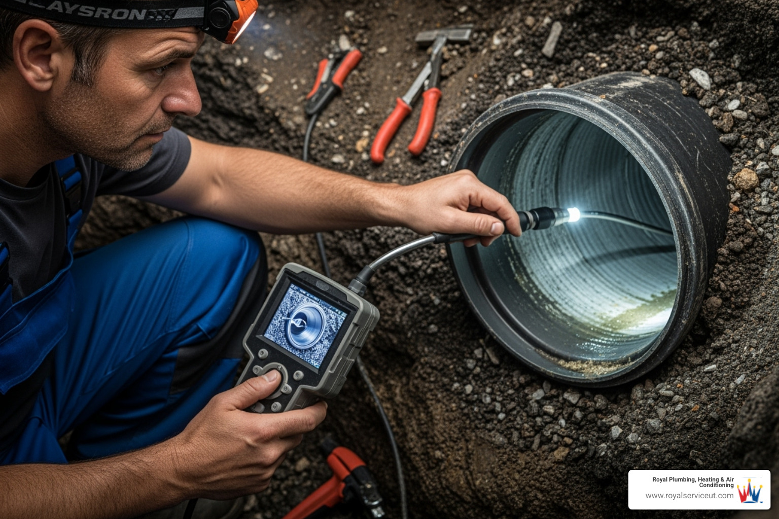 plumber using a video camera inspection tool in a pipe - emergency sewer backup holladay ut