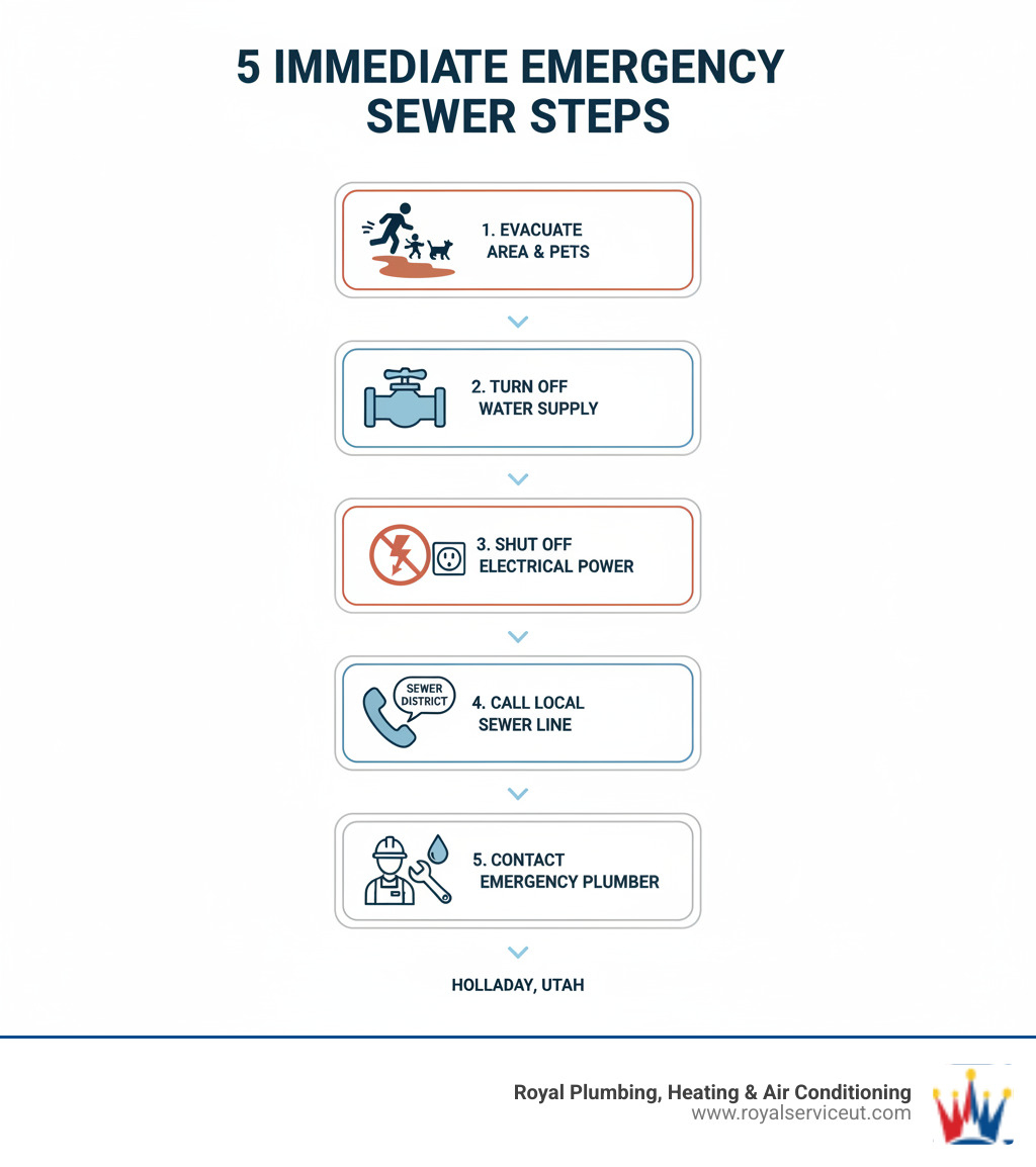 Infographic showing 5 immediate emergency steps: 1. Evacuate family and pets from contaminated area, 2. Turn off main water supply valve, 3. Shut off electrical power to affected areas, 4. Call local sewer district emergency line, 5. Contact licensed emergency plumber for assessment - emergency sewer backup holladay ut infographic 