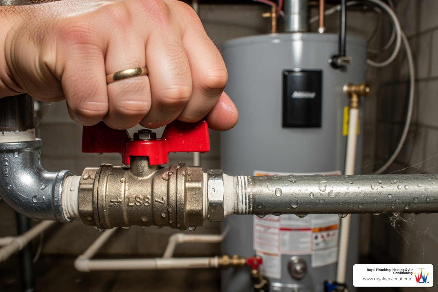 Image of a hand turning a water shut-off valve - emergency water heater repair midvale ut Image of a hand turning a water shut-off valve - emergency water heater repair midvale ut