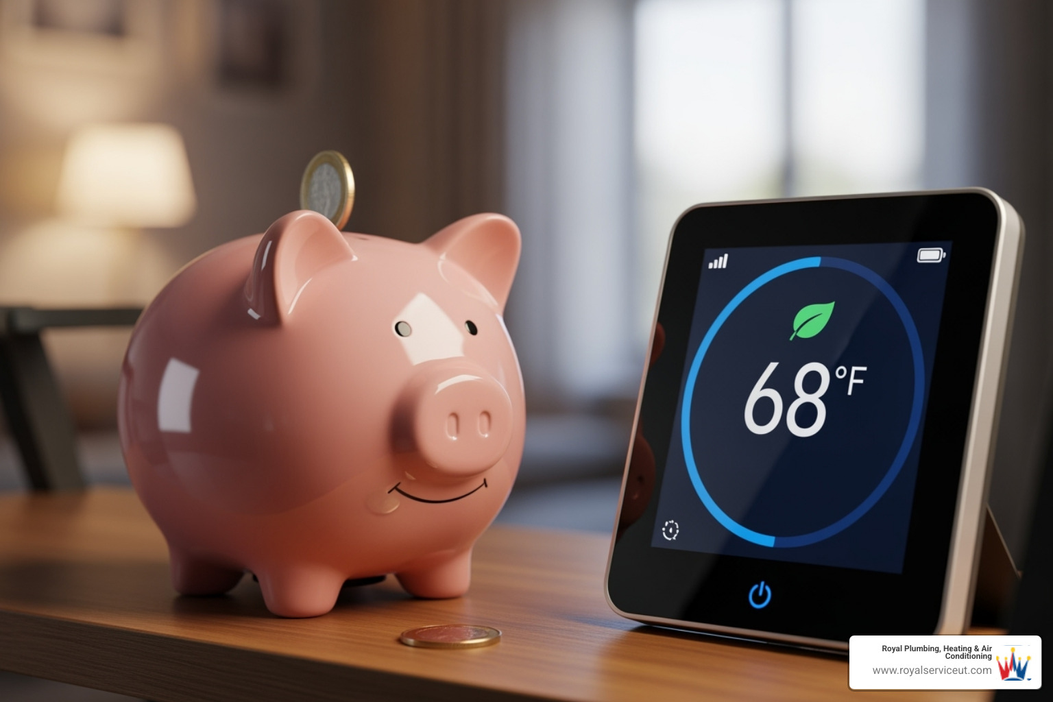 A stylized image of a piggy bank next to a smart thermostat displaying an energy-saving temperature, symbolizing financial savings from efficient HVAC systems - heat pump installation salt lake city ut A stylized image of a piggy bank next to a smart thermostat displaying an energy-saving temperature, symbolizing financial savings from efficient HVAC systems - heat pump installation salt lake city ut