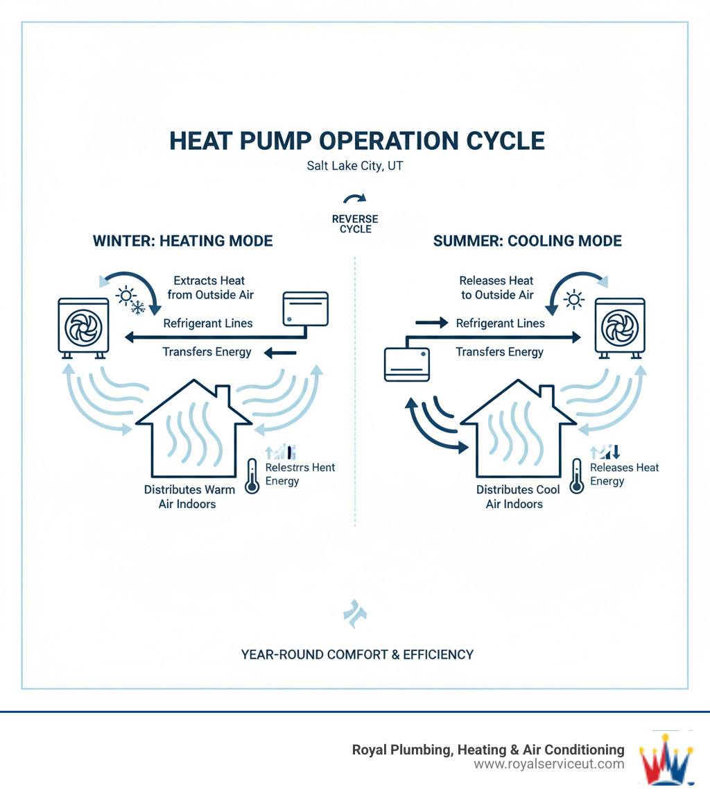 Infographic showing heat pump operation cycle with outdoor unit extracting heat from outside air, refrigerant lines transferring energy, and indoor unit distributing conditioned air throughout the home, plus reverse cycle for cooling mode - heat pump installation salt lake city ut infographic Infographic showing heat pump operation cycle with outdoor unit extracting heat from outside air, refrigerant lines transferring energy, and indoor unit distributing conditioned air throughout the home, plus reverse cycle for cooling mode - heat pump installation salt lake city ut infographic