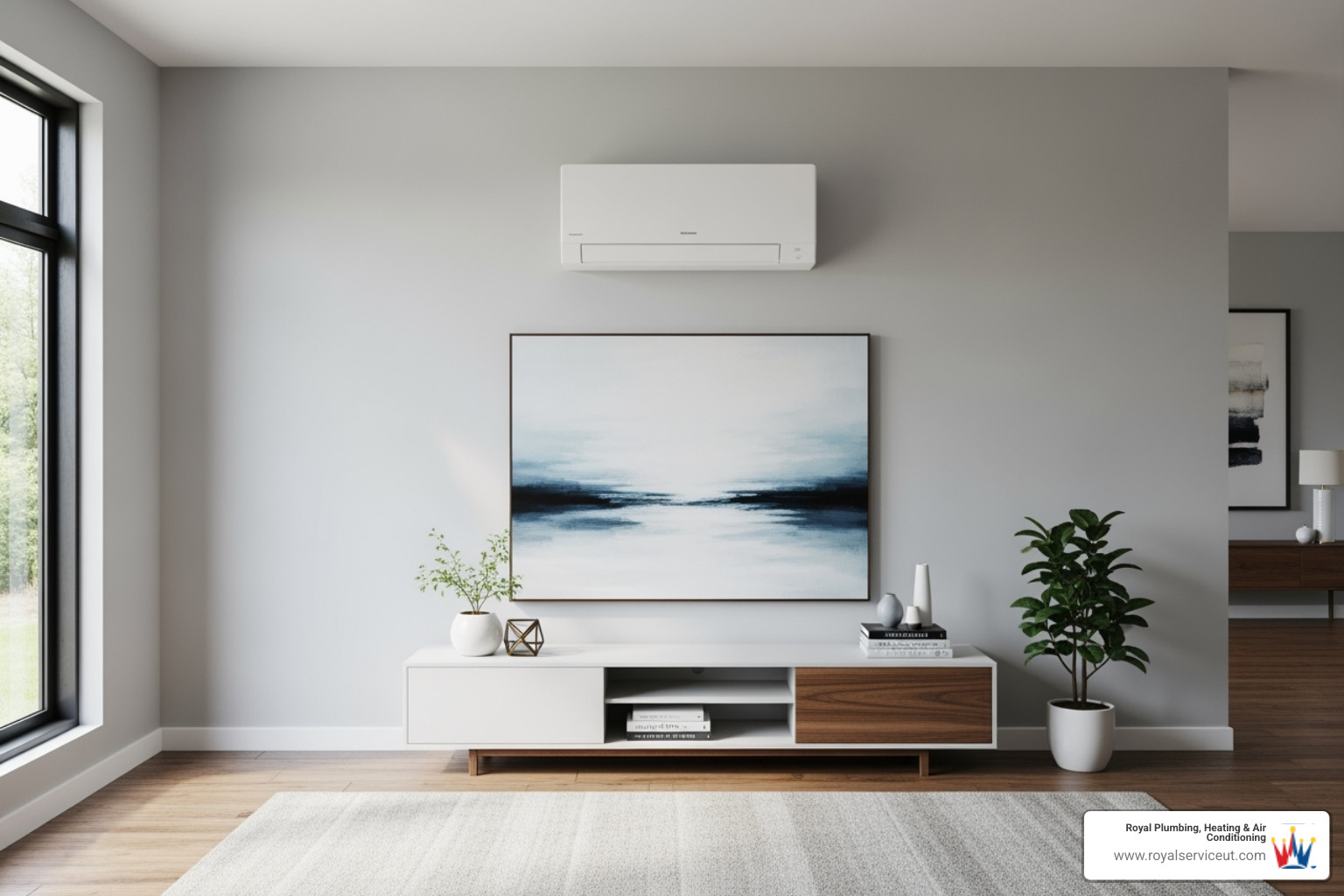 Sleek, wall-mounted ductless mini-split unit in a modern living room, blending seamlessly with the decor - heat pump installation salt lake city ut Sleek, wall-mounted ductless mini-split unit in a modern living room, blending seamlessly with the decor - heat pump installation salt lake city ut