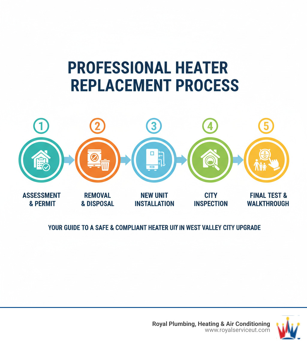 Infographic showing the 5 key steps of professional heater replacement: 1) Initial assessment and permit application, 2) Old system removal and disposal, 3) New unit installation with proper connections, 4) City inspection and approval, 5) Final testing and homeowner walkthrough - heater replacement west valley city ut infographic Infographic showing the 5 key steps of professional heater replacement: 1) Initial assessment and permit application, 2) Old system removal and disposal, 3) New unit installation with proper connections, 4) City inspection and approval, 5) Final testing and homeowner walkthrough - heater replacement west valley city ut infographic
