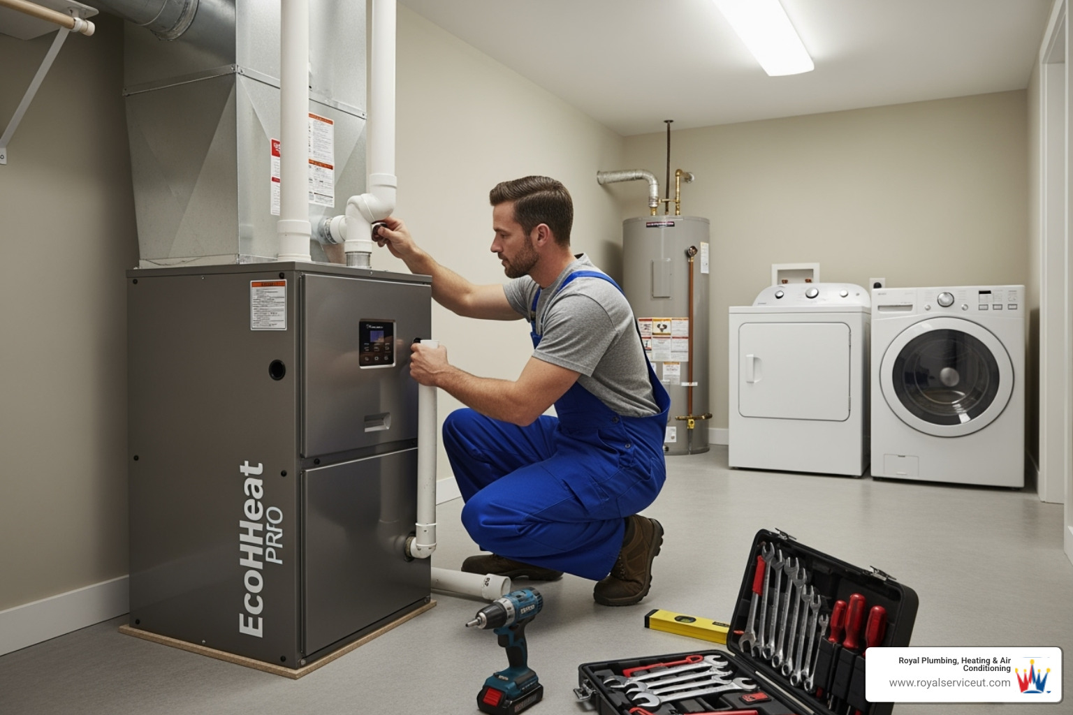 New high-efficiency furnace being installed in a clean utility space - heater replacement west valley city ut New high-efficiency furnace being installed in a clean utility space - heater replacement west valley city ut