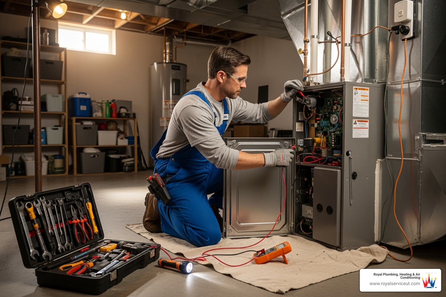 Technician performing a furnace tune-up - heater replacement west valley city ut Technician performing a furnace tune-up - heater replacement west valley city ut
