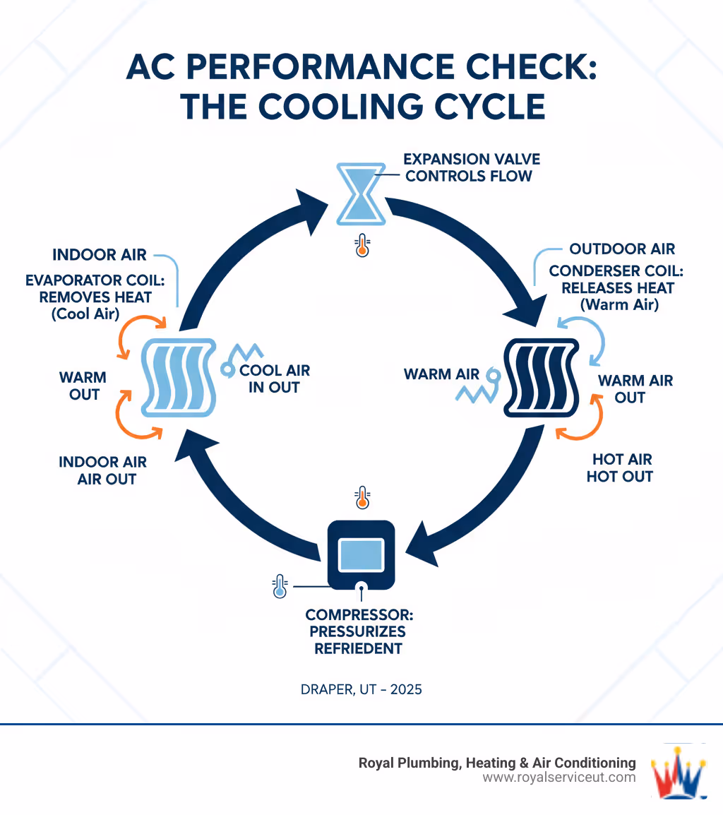 Infographic showing the air conditioning cycle with evaporator coil removing heat from indoor air, compressor pressurizing refrigerant, condenser coil releasing heat outside, and expansion valve controlling refrigerant flow, with arrows indicating the continuous cycle and temperature differences between indoor and outdoor components - ac performance check draper ut infographic Infographic showing the air conditioning cycle with evaporator coil removing heat from indoor air, compressor pressurizing refrigerant, condenser coil releasing heat outside, and expansion valve controlling refrigerant flow, with arrows indicating the continuous cycle and temperature differences between indoor and outdoor components - ac performance check draper ut infographic