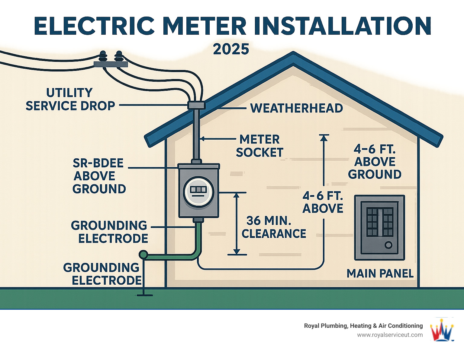 Detailed infographic showing the complete home electrical service entrance system, including utility service drop from power lines, weatherhead connection, service entrance cables, meter socket installation with proper height and clearance requirements, grounding system, and connection to main electrical panel with circuit breakers - electric meter installation infographic 