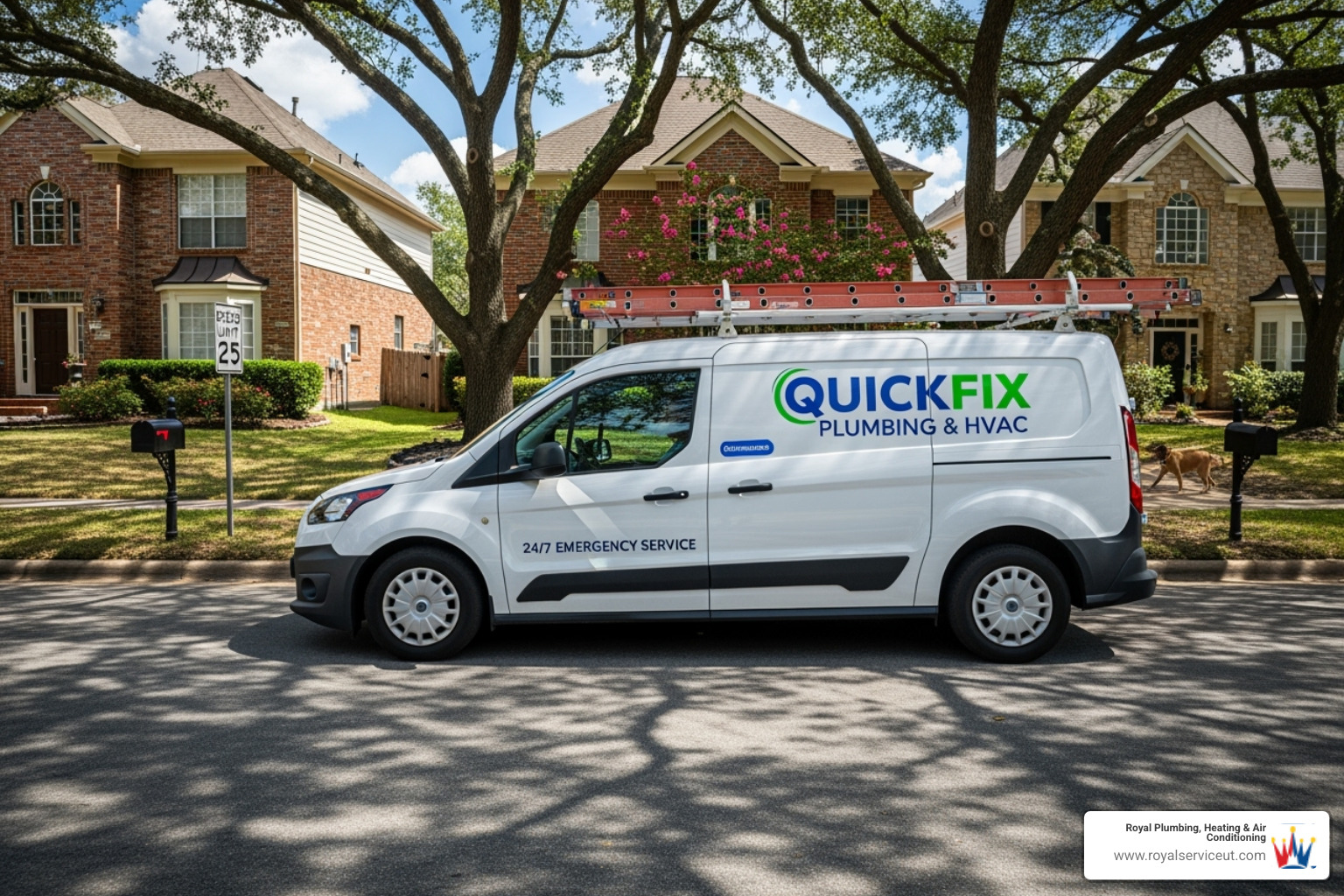 A service van with professional branding driving down a residential street - ac repair ogden ut