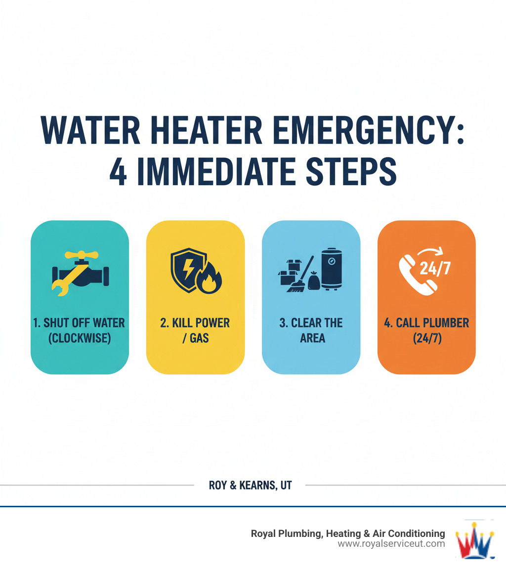 Infographic showing 4 immediate emergency steps: 1. Shut off water supply valve clockwise, 2. Turn off electrical breaker or gas valve, 3. Clear area around water heater of belongings, 4. Call 24/7 emergency plumber service - emergency water heater replacement roy ut infographic 