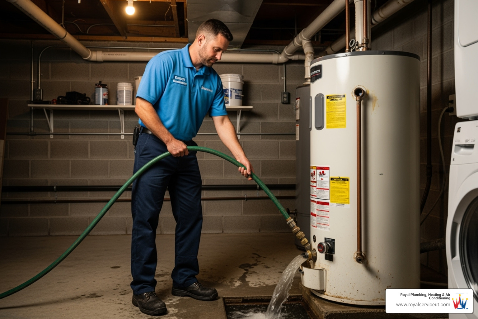 technician flushing a water heater tank - emergency water heater replacement roy ut