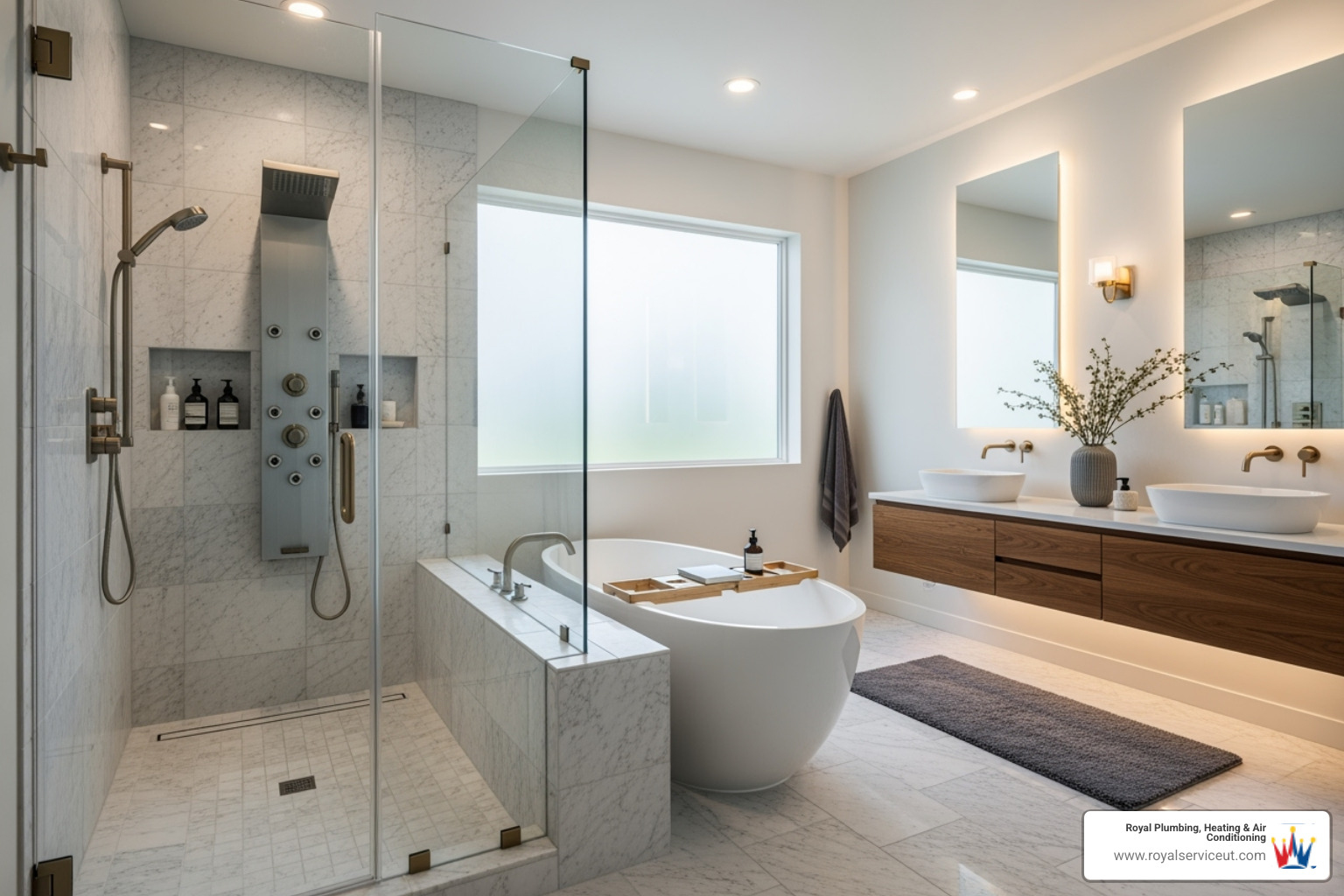 A luxurious modern bathroom featuring a spacious walk-in shower with a multi-function showerhead, sleek glass enclosure, and neat tile work - fixture installation draper ut A luxurious modern bathroom featuring a spacious walk-in shower with a multi-function showerhead, sleek glass enclosure, and neat tile work - fixture installation draper ut