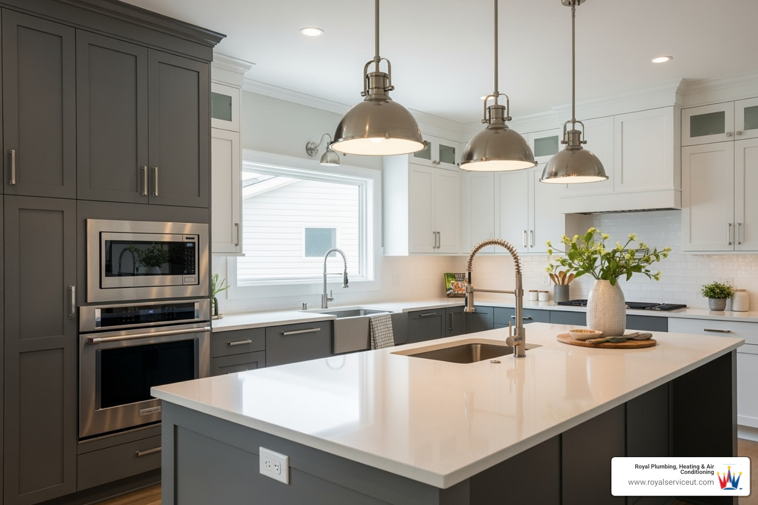 A modern kitchen with coordinated pendant lights over an island, a sleek stainless steel faucet, and matching cabinet hardware, creating a cohesive and stylish design - fixture installation draper ut A modern kitchen with coordinated pendant lights over an island, a sleek stainless steel faucet, and matching cabinet hardware, creating a cohesive and stylish design - fixture installation draper ut