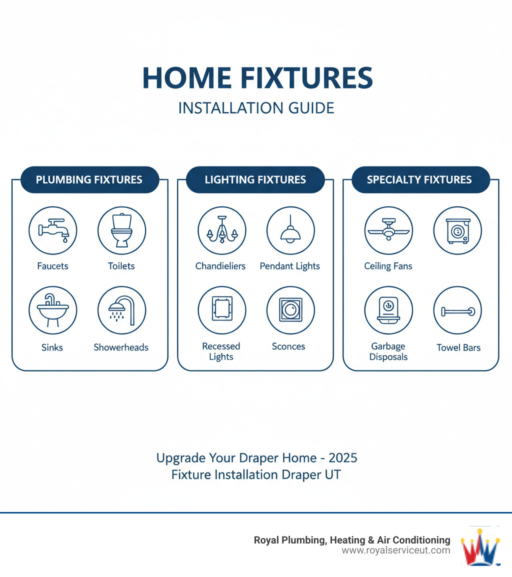 Comprehensive infographic showing different categories of home fixtures including plumbing fixtures (faucets, toilets, sinks, showerheads), lighting fixtures (chandeliers, pendant lights, recessed lights, sconces), and specialty fixtures (ceiling fans, garbage disposals, towel bars) with icons and brief descriptions for each type - fixture installation draper ut infographic Comprehensive infographic showing different categories of home fixtures including plumbing fixtures (faucets, toilets, sinks, showerheads), lighting fixtures (chandeliers, pendant lights, recessed lights, sconces), and specialty fixtures (ceiling fans, garbage disposals, towel bars) with icons and brief descriptions for each type - fixture installation draper ut infographic