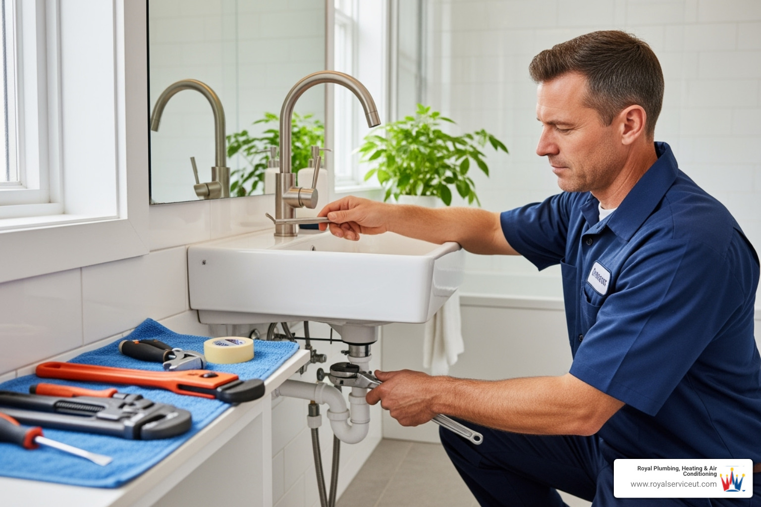 A professional plumber carefully installing a new sink faucet in a modern bathroom, demonstrating precision and expertise - fixture installation draper ut A professional plumber carefully installing a new sink faucet in a modern bathroom, demonstrating precision and expertise - fixture installation draper ut