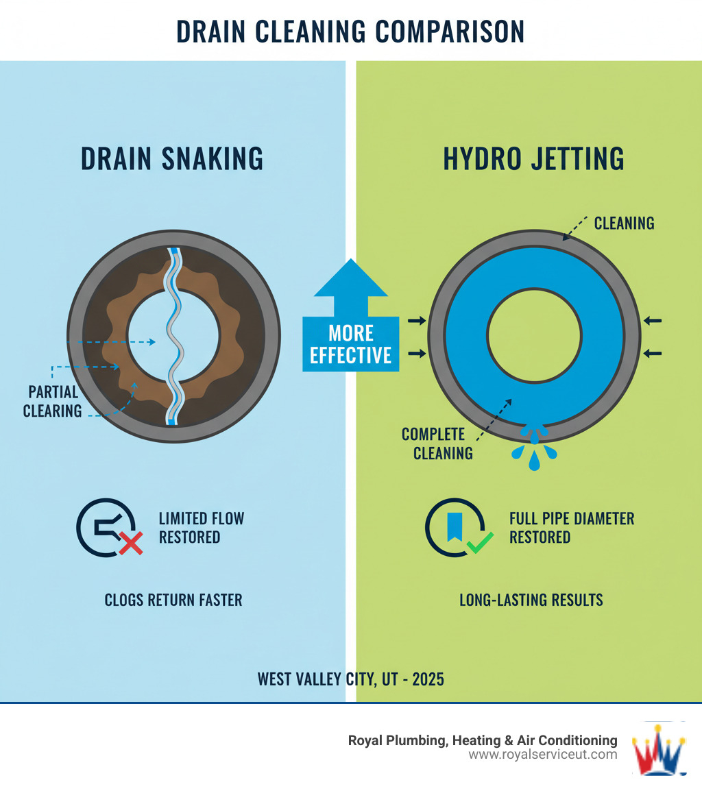 Comparison infographic showing a pipe cross-section with partial clearing from drain snaking versus complete cleaning from hydro jetting, highlighting buildup removal and restored pipe diameter - hydrojetting west valley city ut infographic 
